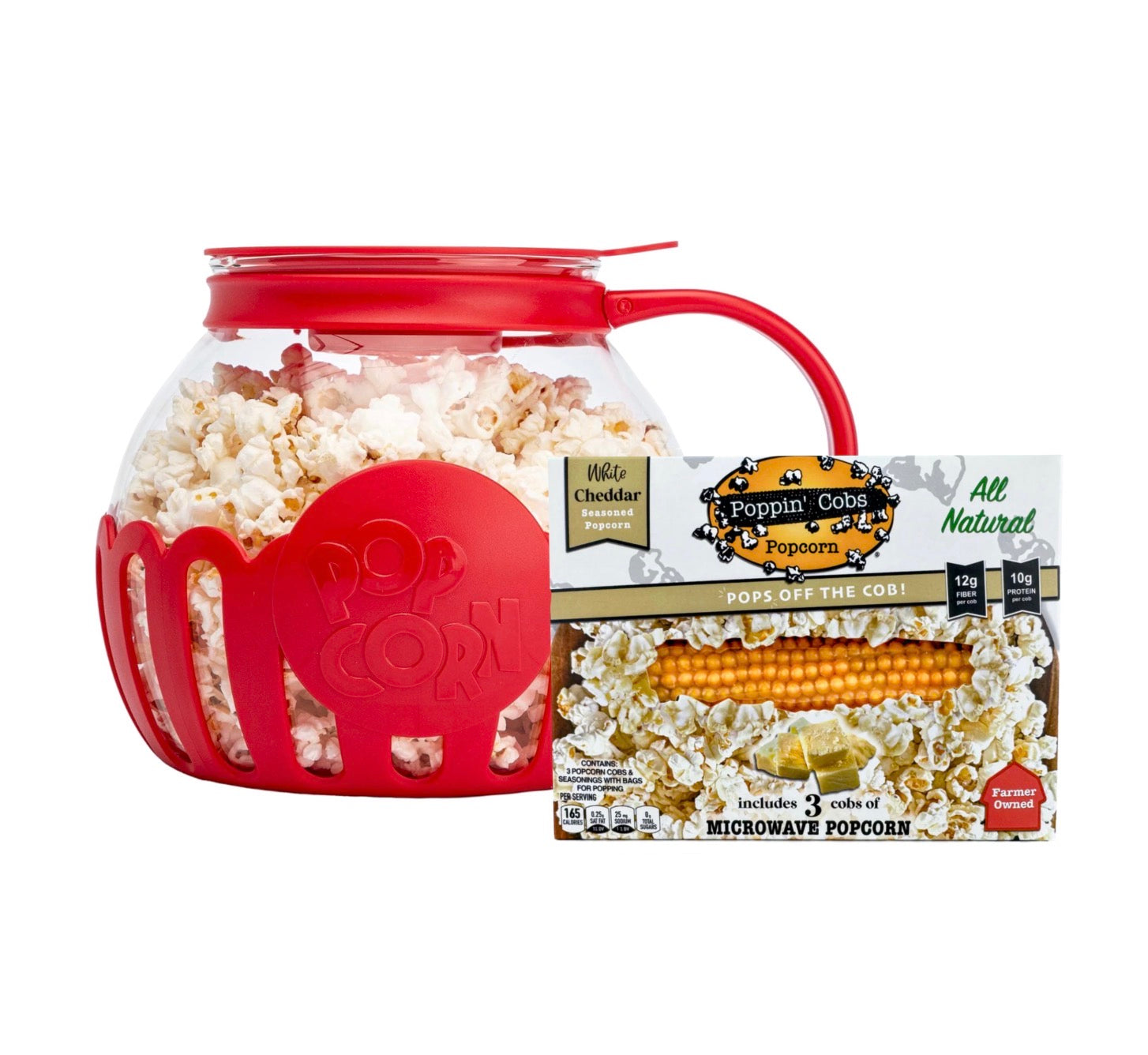 Poppin' Cobs Glass Microwave Popper - with 3 Pack of Popcorn