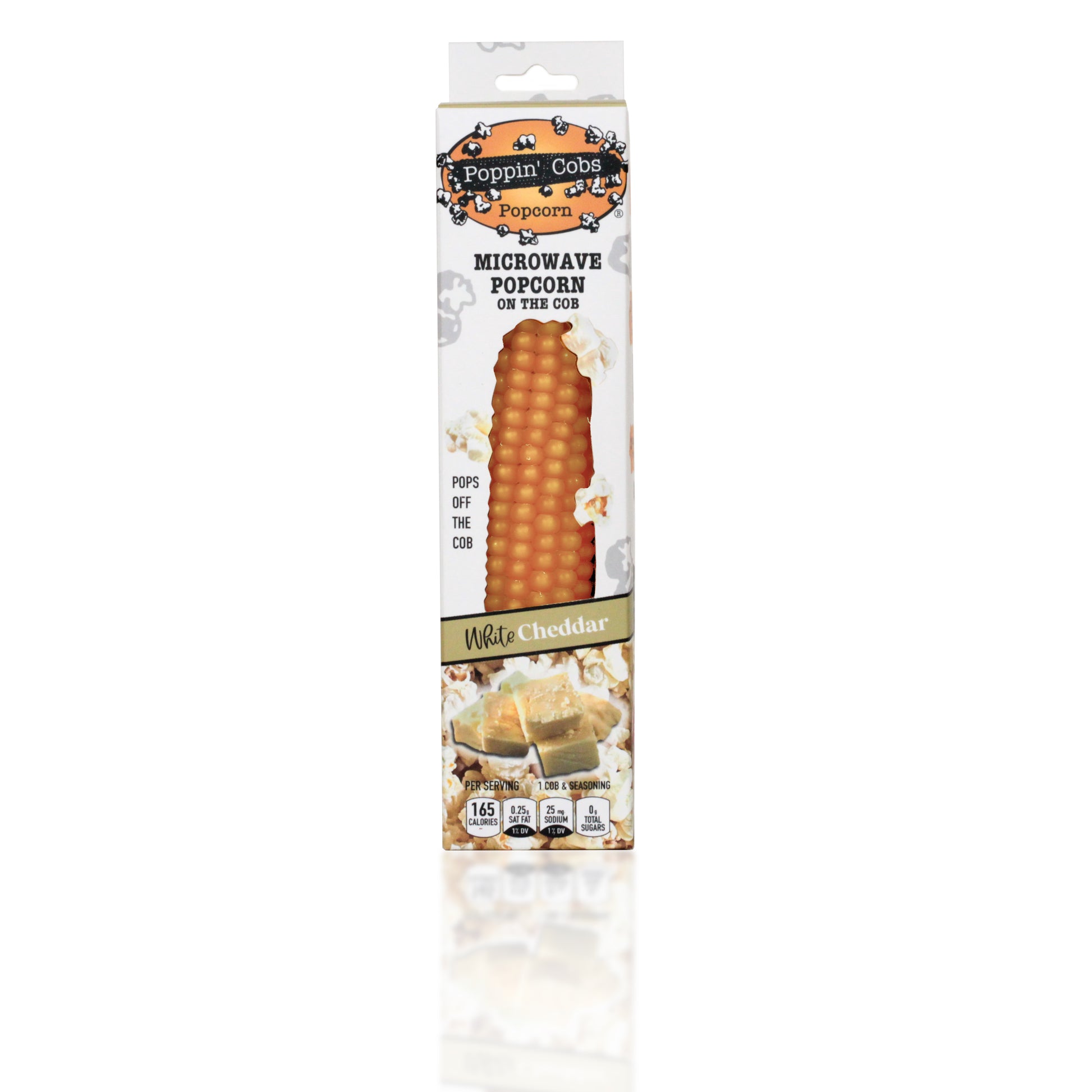 A package of Poppin' Cobs Microwave Popcorn with White Cheddar Seasoning