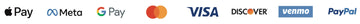 Logos of various payment methods including Apple Pay, Meta, Google Pay, Mastercard, Visa, Discover, Venmo, and PayPal.