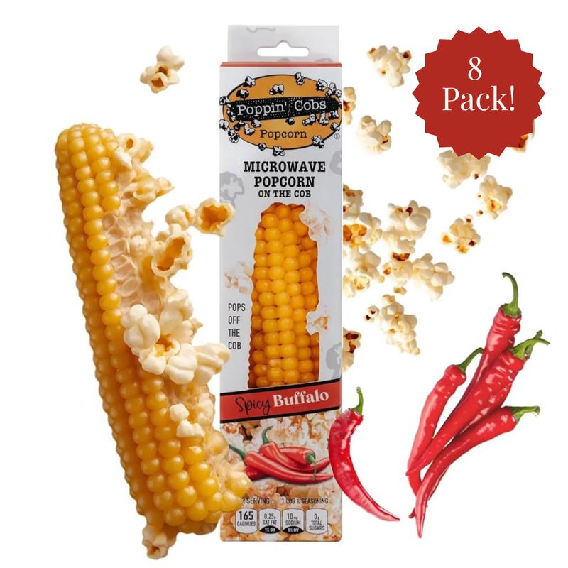 Poppin Cobs Spicy Buffalo microwave popcorn on a white background with packaging and red chilies.