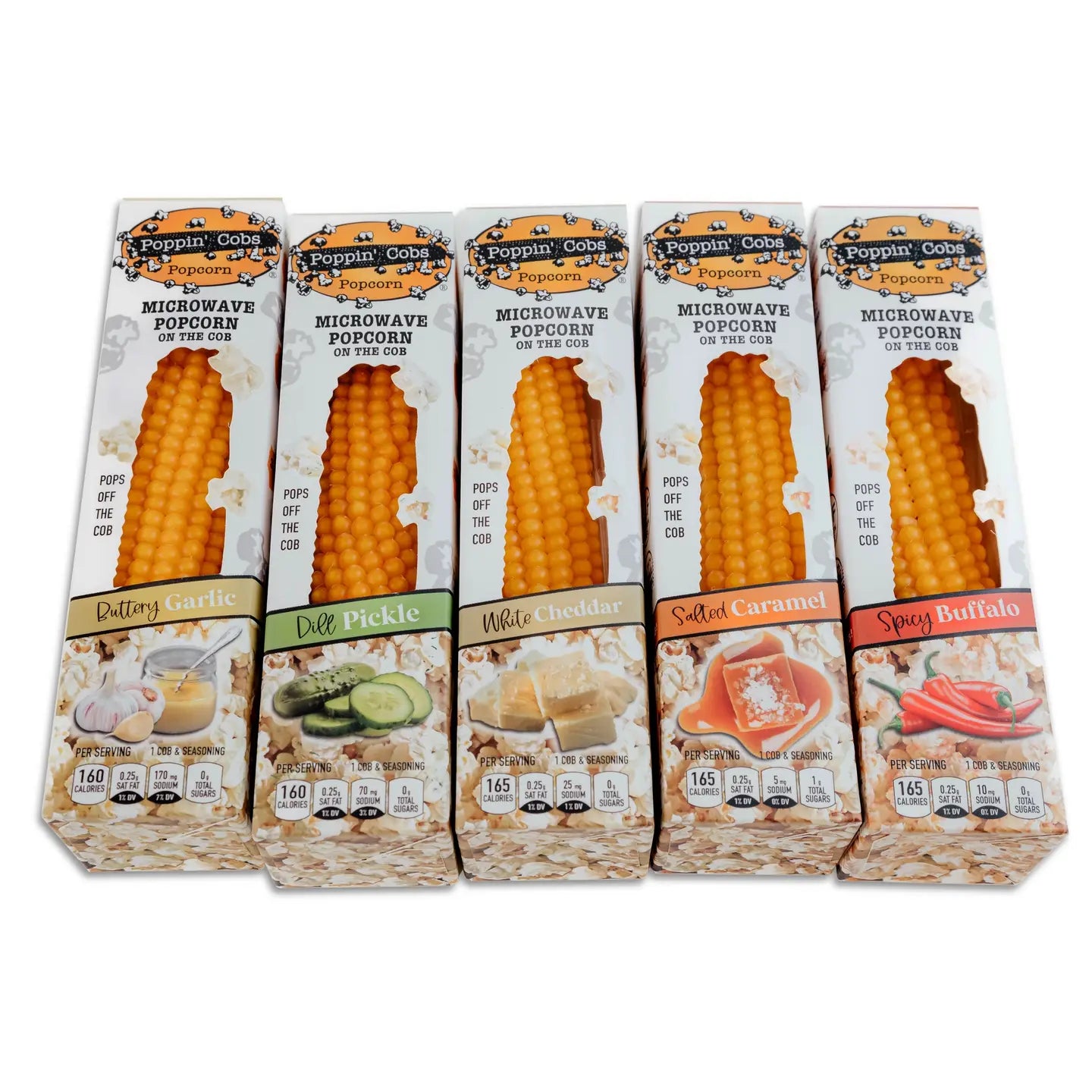 Five packages of Poppin' Cobs microwave popcorn with different flavors on a white background.