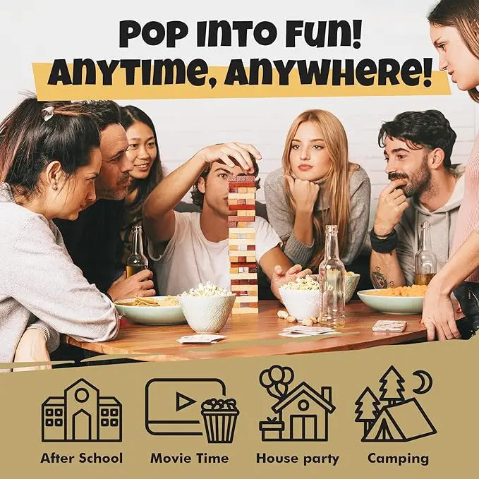 Group of friends playing Jenga together with text 'Pop into Fun! Anytime, Anywhere!' and icons for After School, Movie Time, House party, and Camping.