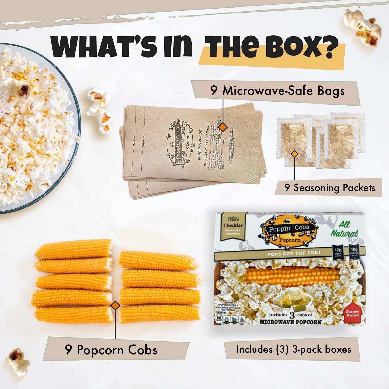 Poppin' Cobs Popcorn – White Cheddar Three 3-Packs (9 COUNT)