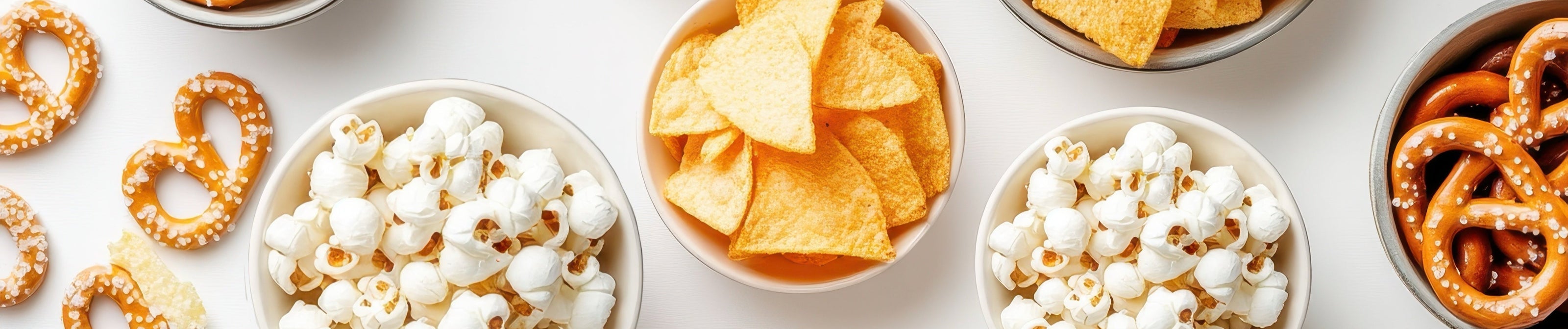 Assorted snack foods including chips, popcorn, and pretzels in small bowls on a white background.