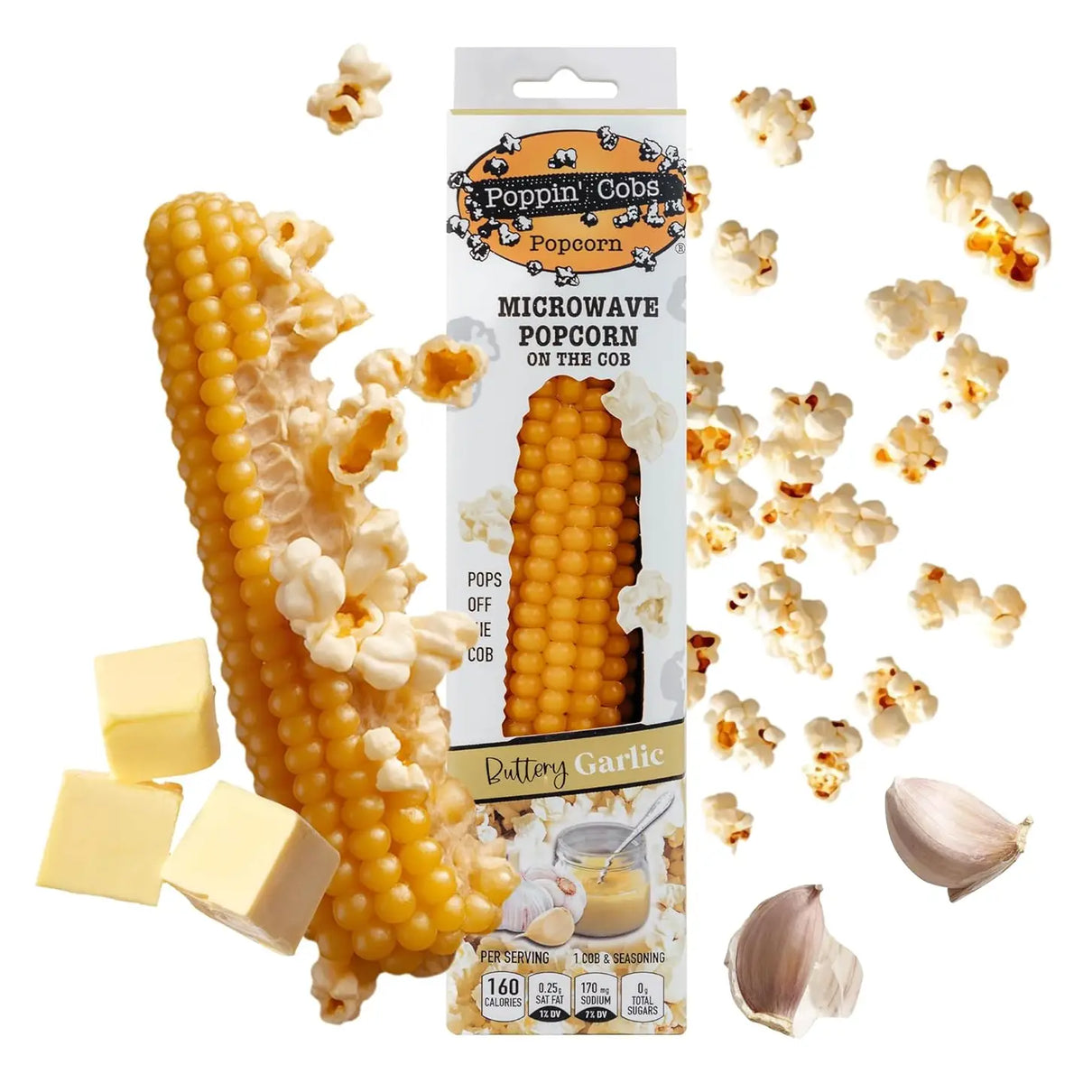 Poppin' Cobs Microwave Popcorn with Buttery Garlic Seasoning (Pack of 8)