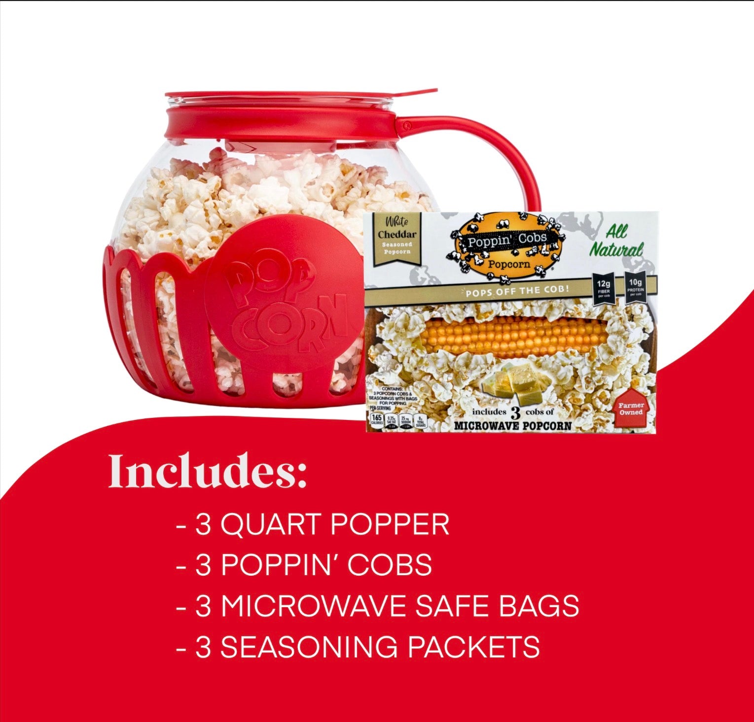 Poppin' Cobs Glass Microwave Popper - with 3 Pack of Popcorn