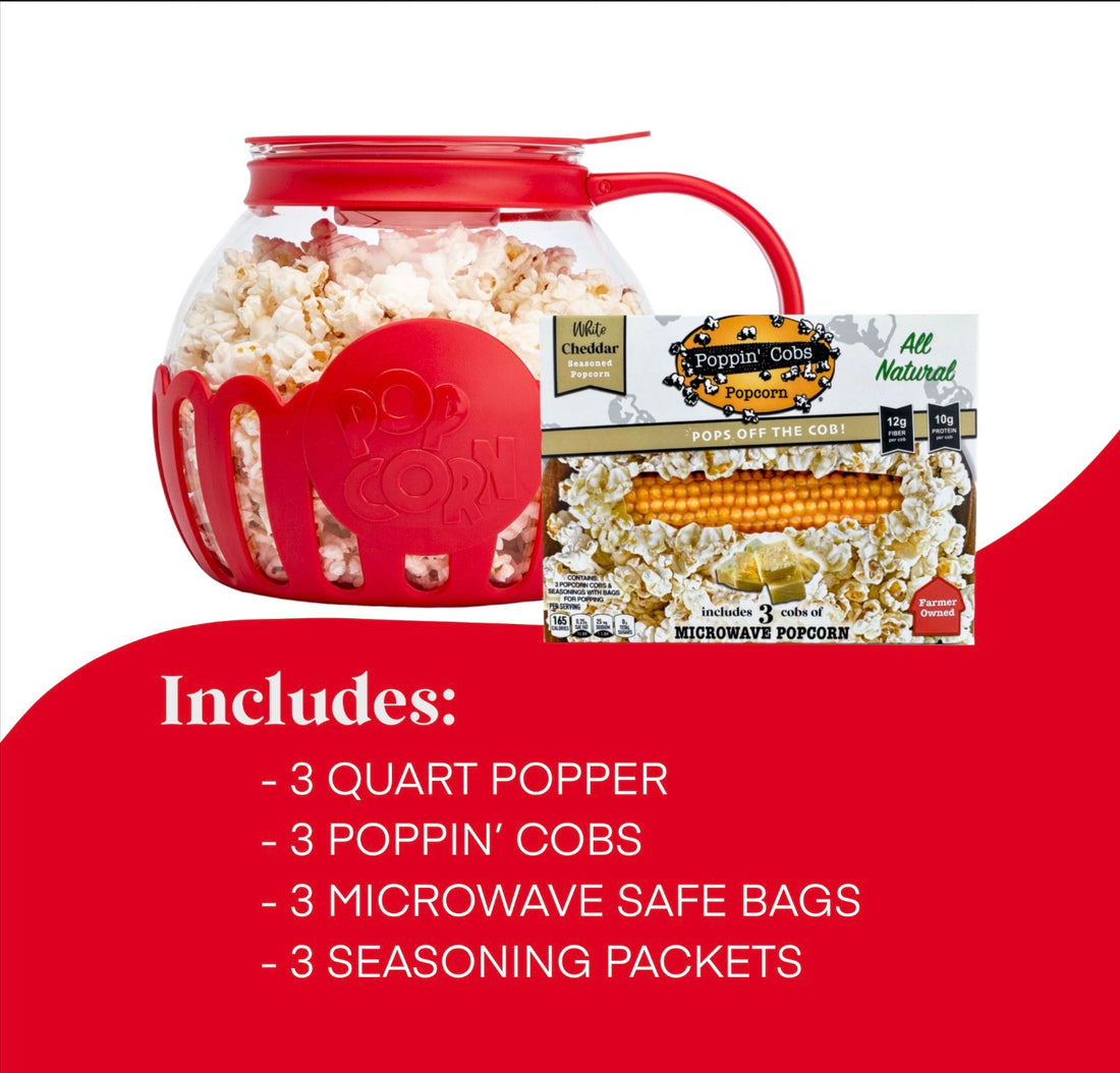 Poppin' Cobs Glass Microwave Popper - with 3 Pack of Popcorn