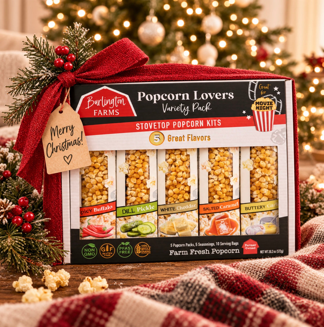 Burlington Farms Popcorn Lovers Variety Pack on a white background with popcorn kernels and a corn cob.