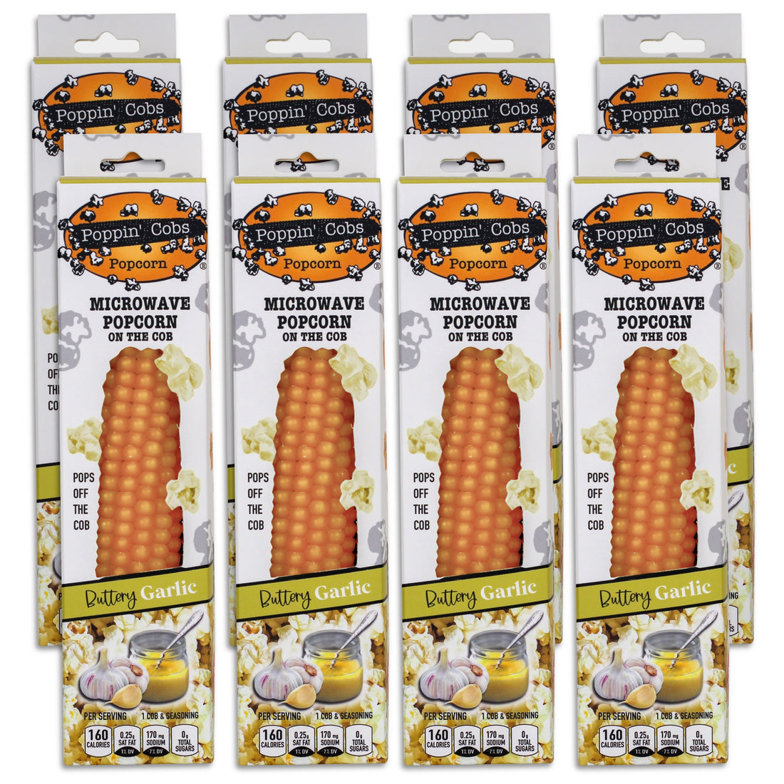 Poppin' Cobs Microwave Popcorn with Buttery Garlic Seasoning (Pack of 8)
