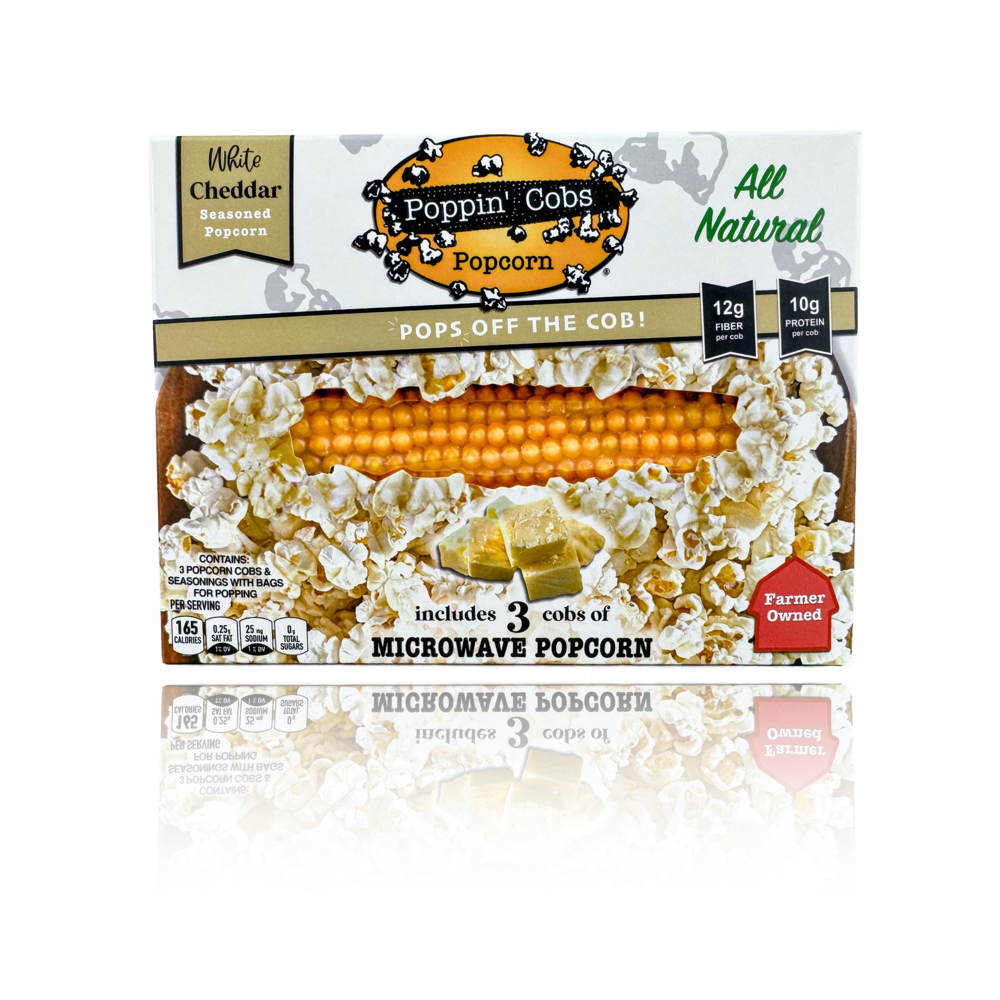 Poppin' Cobs popcorn package with corn and popcorn on a white background