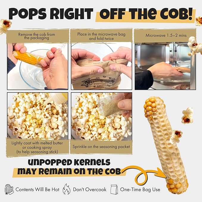 Instructions for microwaving popcorn on the cob with popcorn kernels and seasoning.