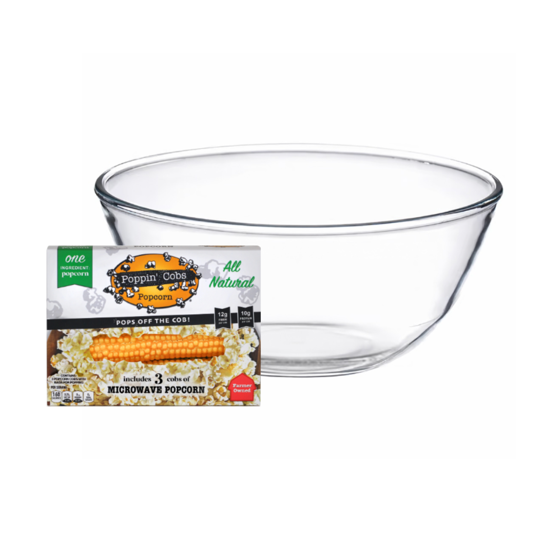 Glass Serving Bowl - With microwave Poppin' Cobs 3-Pack