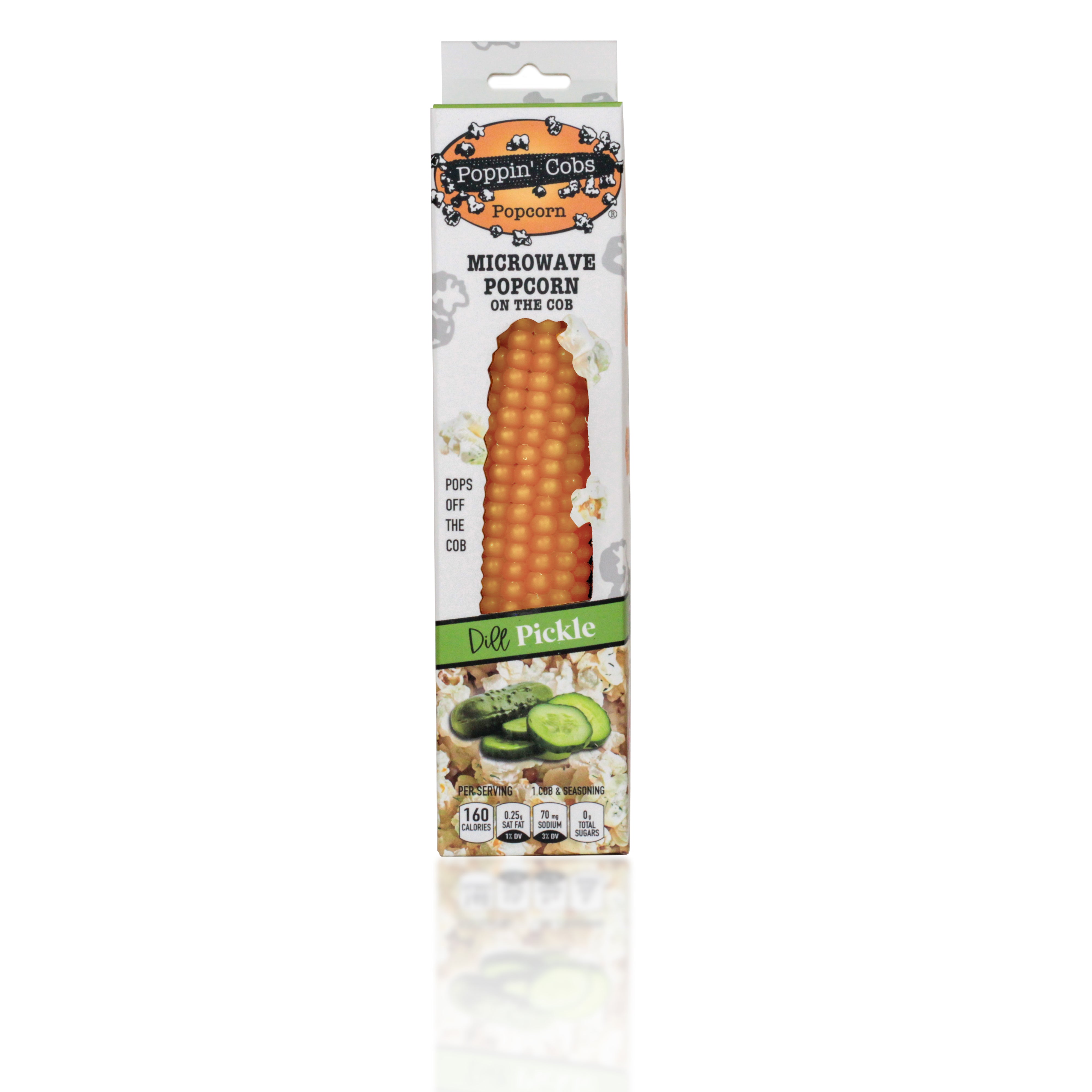 Packaging of Poppin' Cobs Microwave Popcorn with Dill Pickle Seasoning, showing the product and its name, along with images of dill pickles and popcorn.