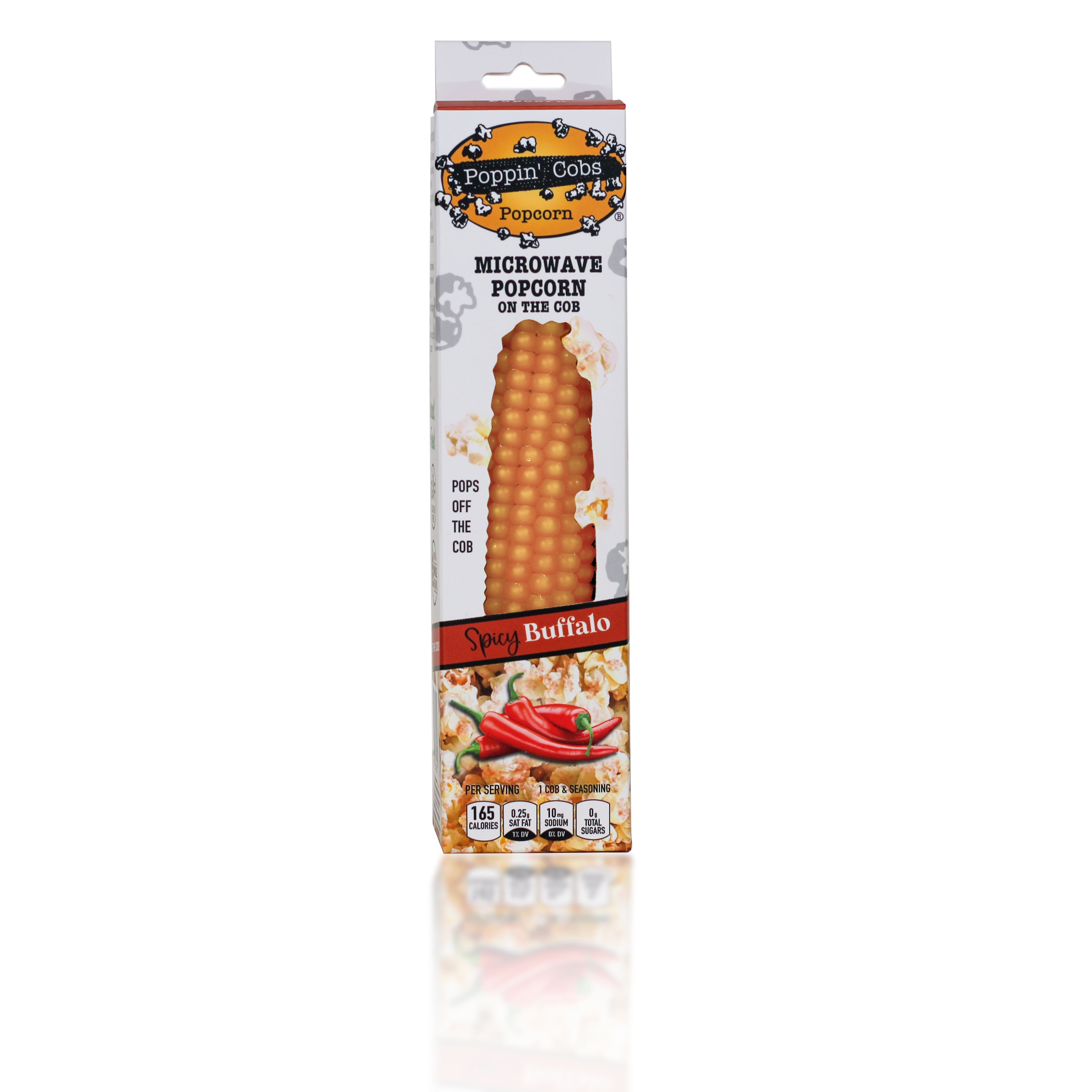 Packaging of Poppin' Cobs Microwave Popcorn with Spicy Buffalo Seasoning, showing a single popcorn cob and a bag for popping in the microwave.