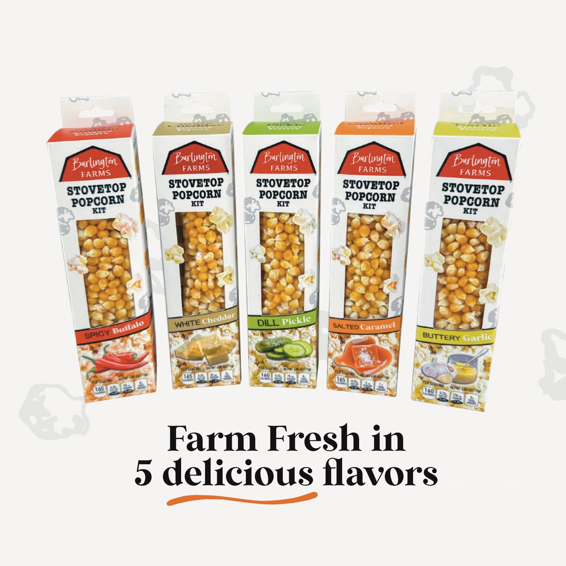 Burlington Farms Popcorn Lovers Variety Pack on a white background with popcorn kernels and a corn cob.