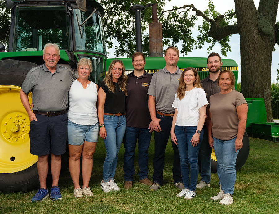 From left to right: Bill and Anne Mummert (Farmers), Haley and Adam Bechtel (VP of Marketing and Owner/Founder), Josh and Kate Pottschmidt (Founders), Jordan Clark (Production Manager), Mandy Robinson (Warehouse Manager)