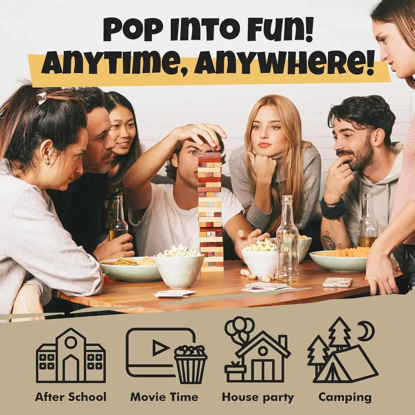 Group of friends playing a game together with text 'Pop into Fun! Anytime, Anywhere!' and icons below.