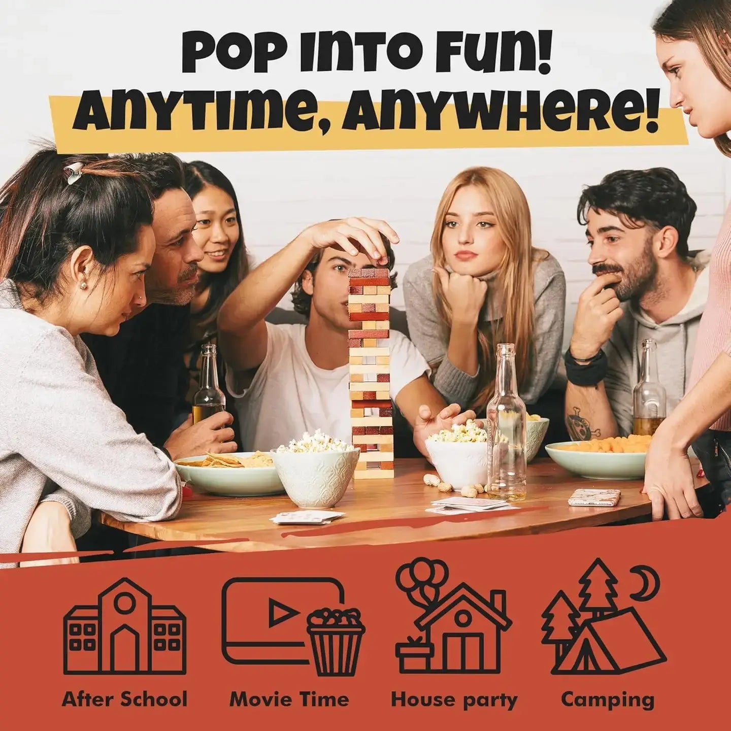 Group of friends playing Jenga together with text 'Pop into Fun! Anytime, Anywhere!' and icons below.